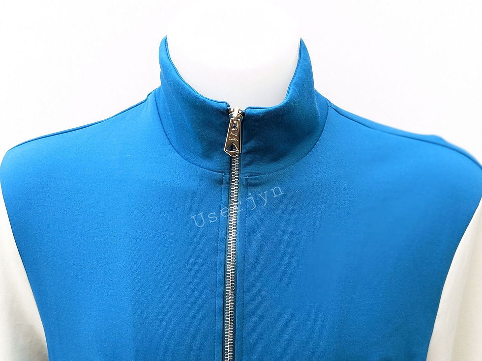 Close-up of a blue zip-up jacket with Userjyn text visible.