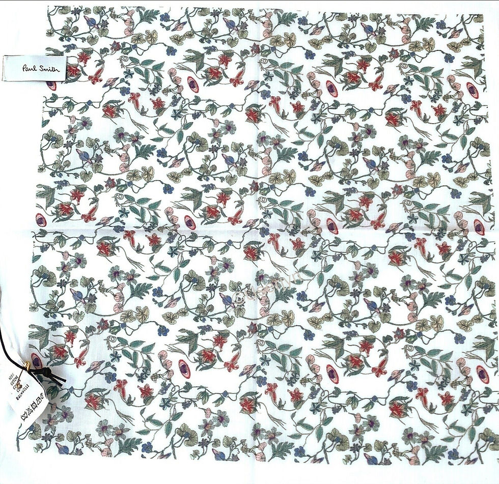 Thumbnail: Floral fabric with botanical pattern, green, red and white background, silk. 