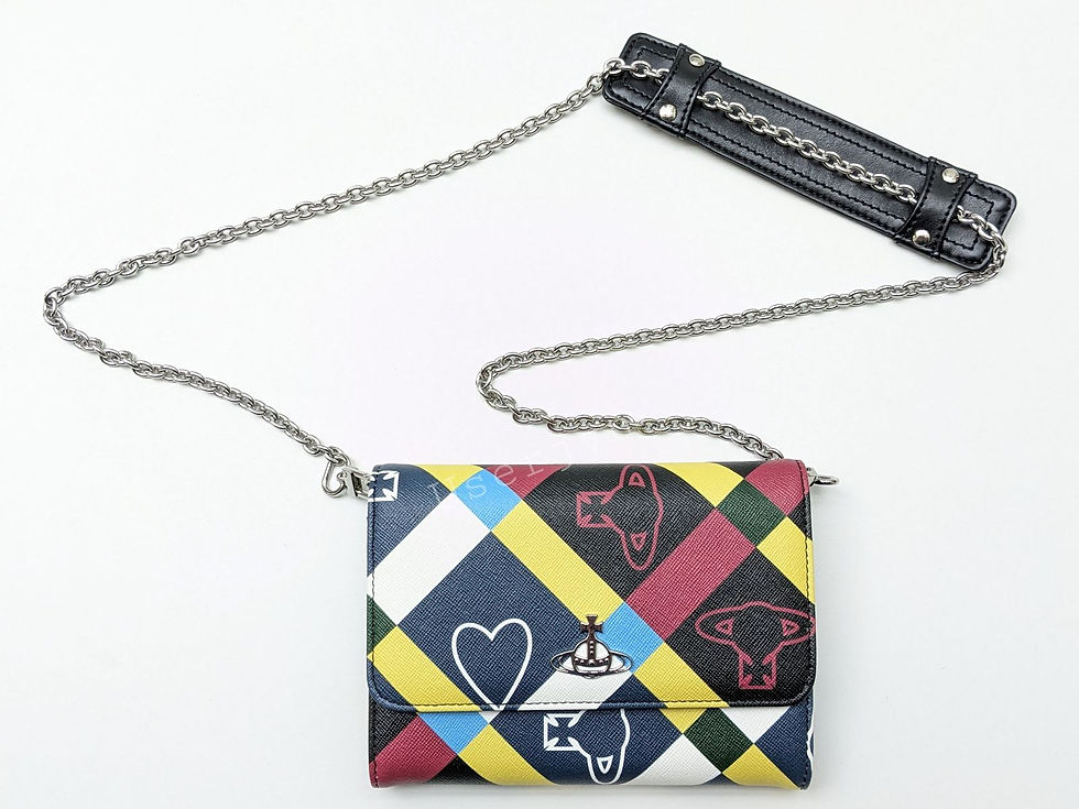 Colorful purse with chain strap and geometric pattern against white background Userjyn.