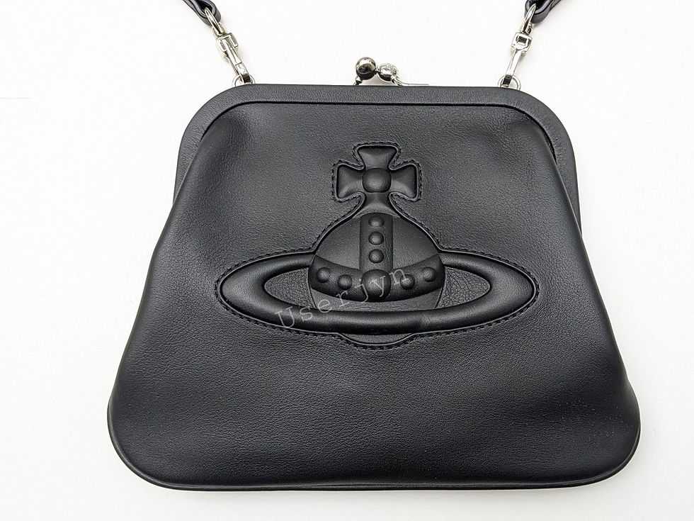 Black Vivienne Westwood Orb handbag detail, leather, with silver chain straps.