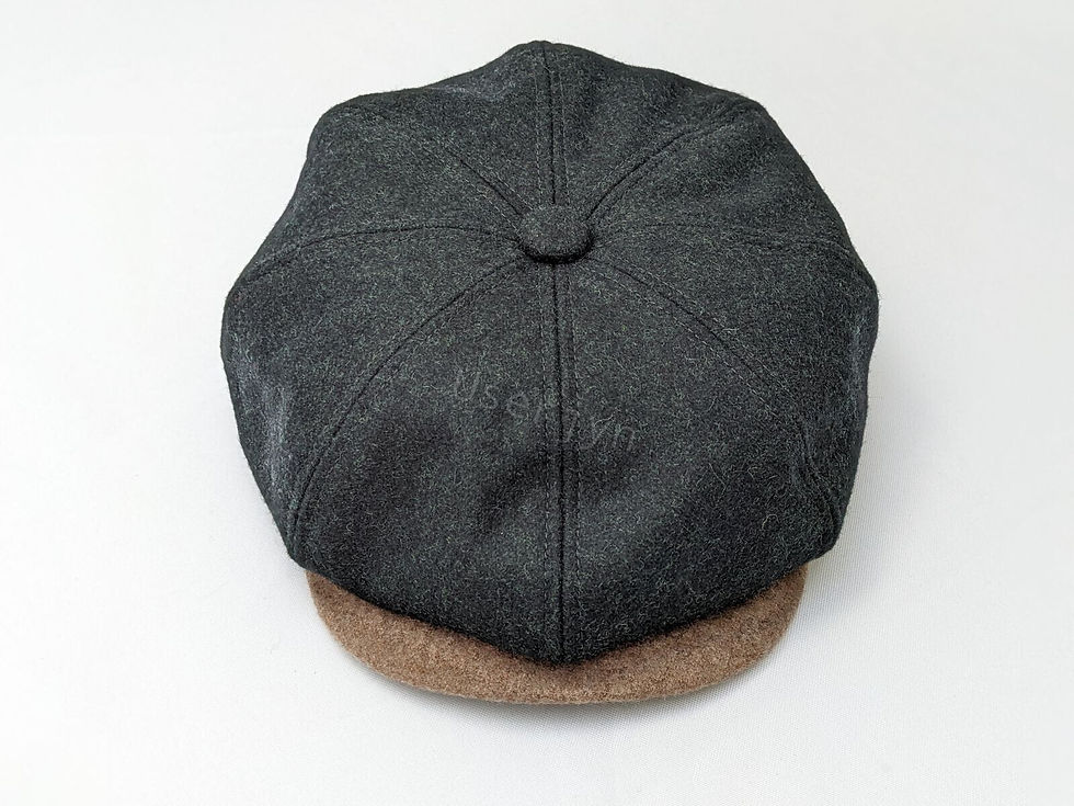 Dark gray cap with brown brim, top view, resting on white background.