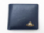 Navy leather Vivienne Westwood wallet with gold orb logo and Userjyn branding.