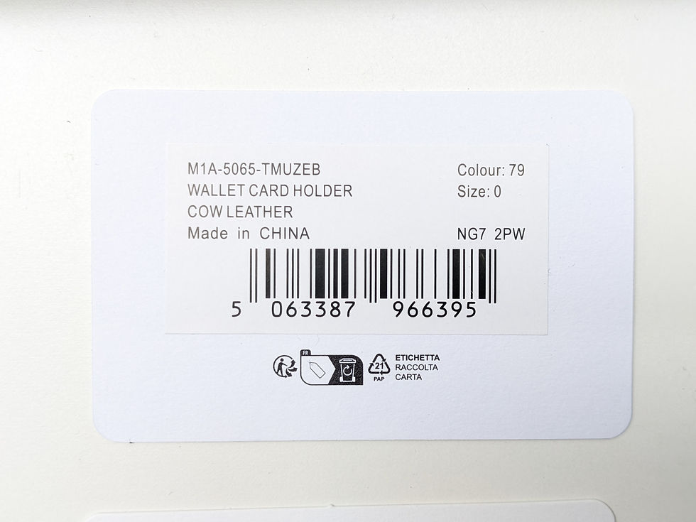 Thumbnail: Product label: M1A-5065-TMUZEB Wallet Card Holder, Cow Leather, China.