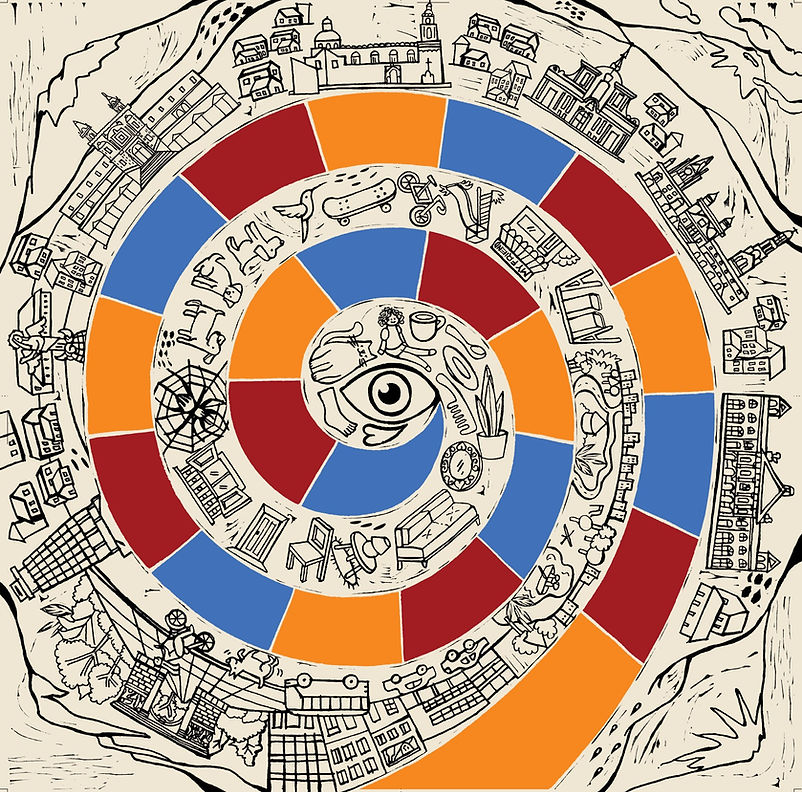 Game board of El Goce De-mente: a concentric spiral of red, blue and orange squares, drawn in woodcut, with an eye at the center. From the outside in, one moves from the city and public space to close bonds and then to intimate space, populated by everyday objects.