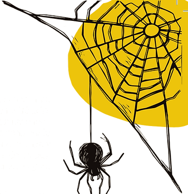 Woodcut of a spider web and a hanging spider