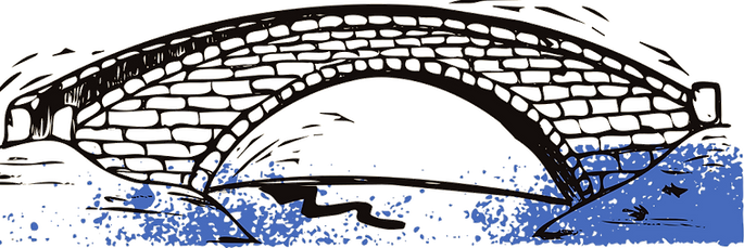 Woodcut of a stone bridge over water