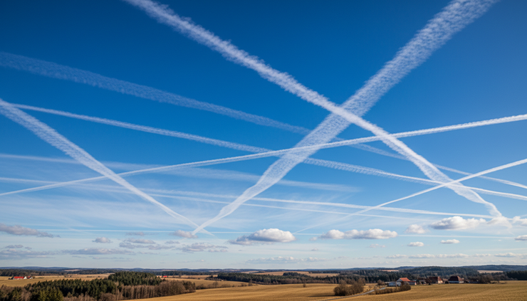 Wide-angle view of aircraft contrails crossing a cold blue sky