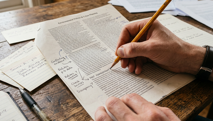 Close-up view of a hand marking conflicting notes in the margin of a printed article.