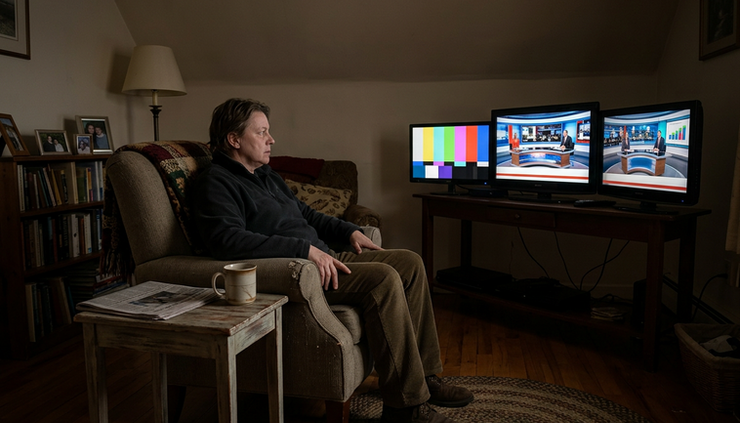 Wide-angle view of a person watching several television news screens in a dim living room.