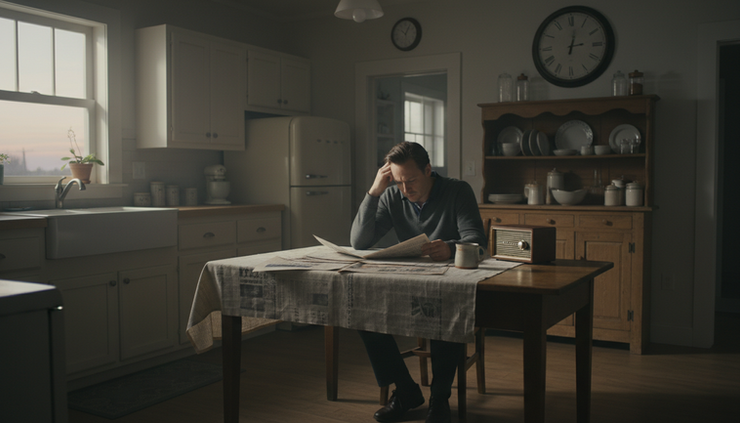 Wide-angle view of a person reading several newspapers beside a small radio in a dim kitchen.