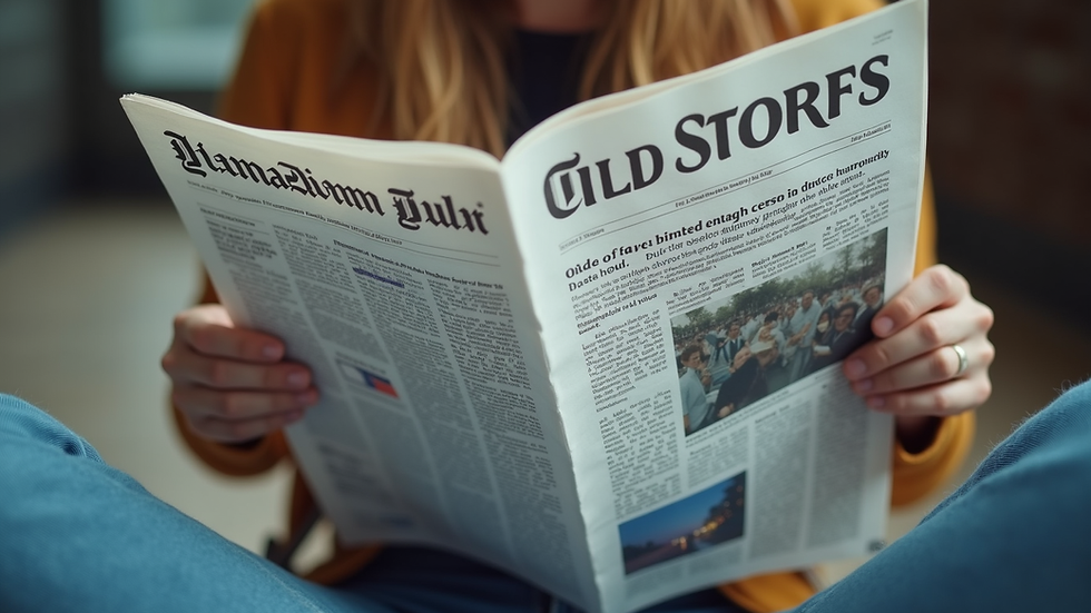 Eye-level view of a person reading a newspaper with diverse headlines