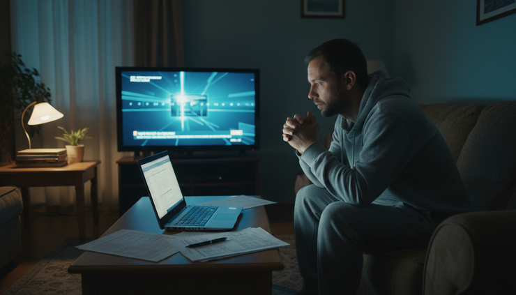 Eye-level view of a crowded living room where a television glows while a laptop and printed notes sit on a coffee table.
