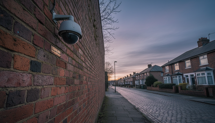 Eye-level view of a city surveillance camera mounted above a quiet street at dusk