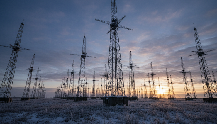 Low-angle view of radio antenna arrays under northern sky