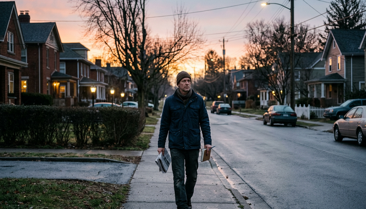 Wide-angle view of a person walking at dawn on an empty street holding folded newspapers and a notebook.