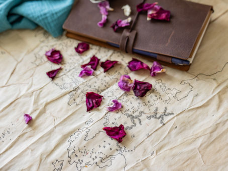 antique fantasy map with journal and flowers