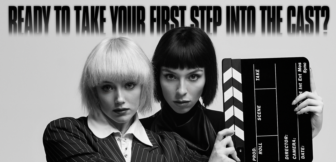 The Cast Founders holding a film clapperboard in a dramatic black-and-white portrait for The Cast Studio promotional banner.