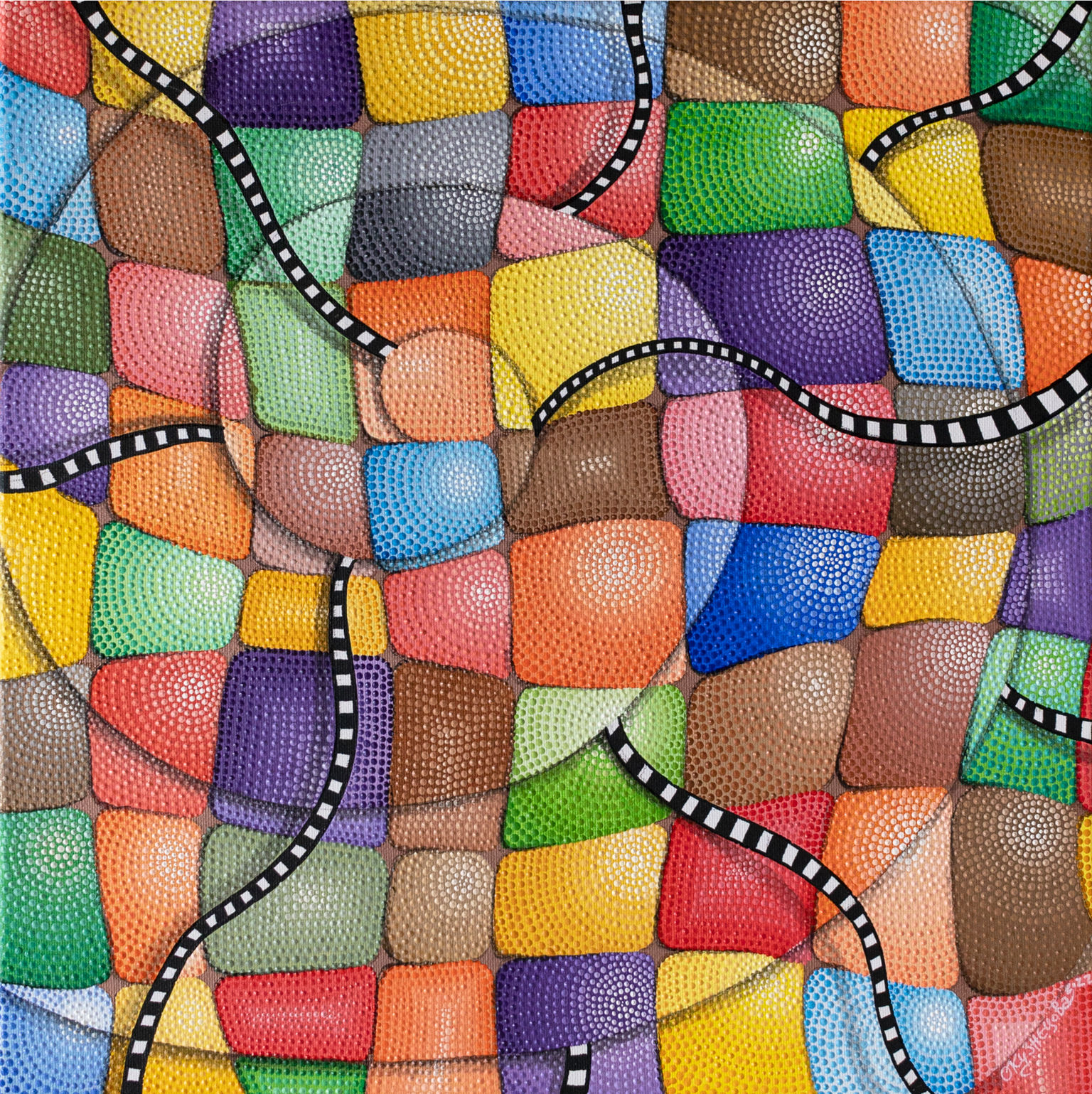 Surreal pointillism painting of pink circular flowers with blue eyes, connected by black-and-white striped vines on a green dotted background.