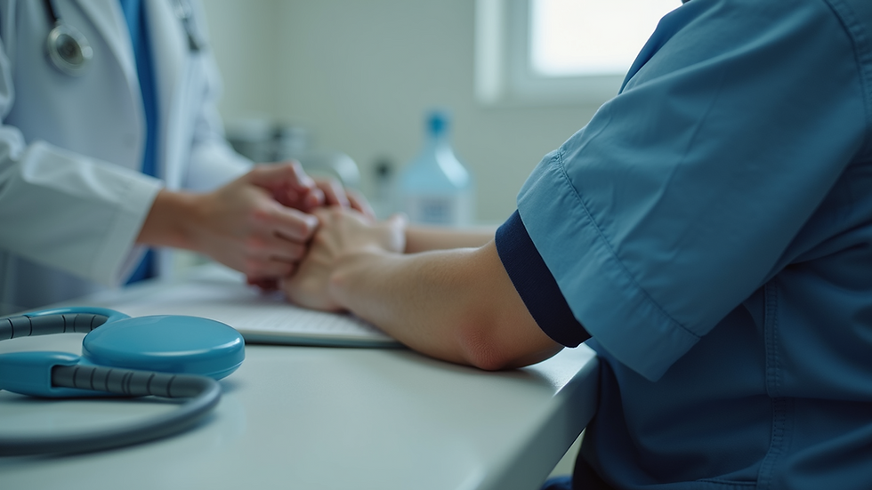 Close-up view of a medical assistant taking a patient’s blood pressure