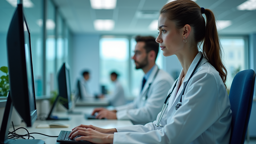 Eye-level view of a medical assistant working on a computer in a clinic
