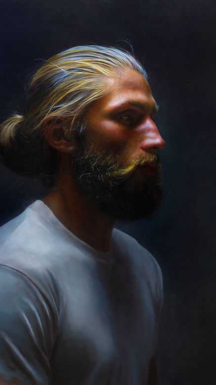 Hyperrealist Oil portrait of a man with strong bone structure, painted in warm, dramatic lighting on Belgian linen. Created by Mark Montana in 2021.