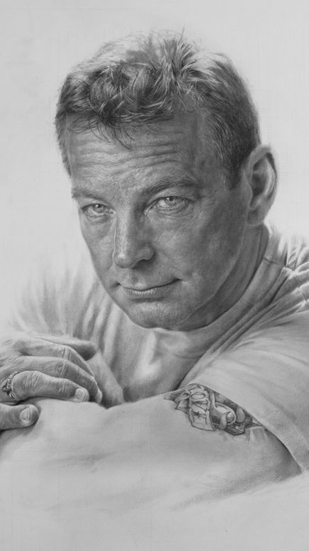 Hyperrealistic pencil portrait of a man posed like a Golden Age film actor, bathed in symbolic, radiant light. Commissioned graphite drawing on board by Mark Montana.