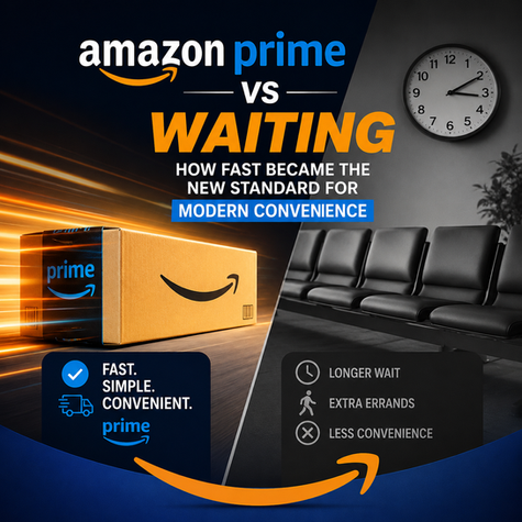 Amazon Prime vs waiting poster with delivery box, clock, empty chairs, and text about fast, simple, convenient modern convenience