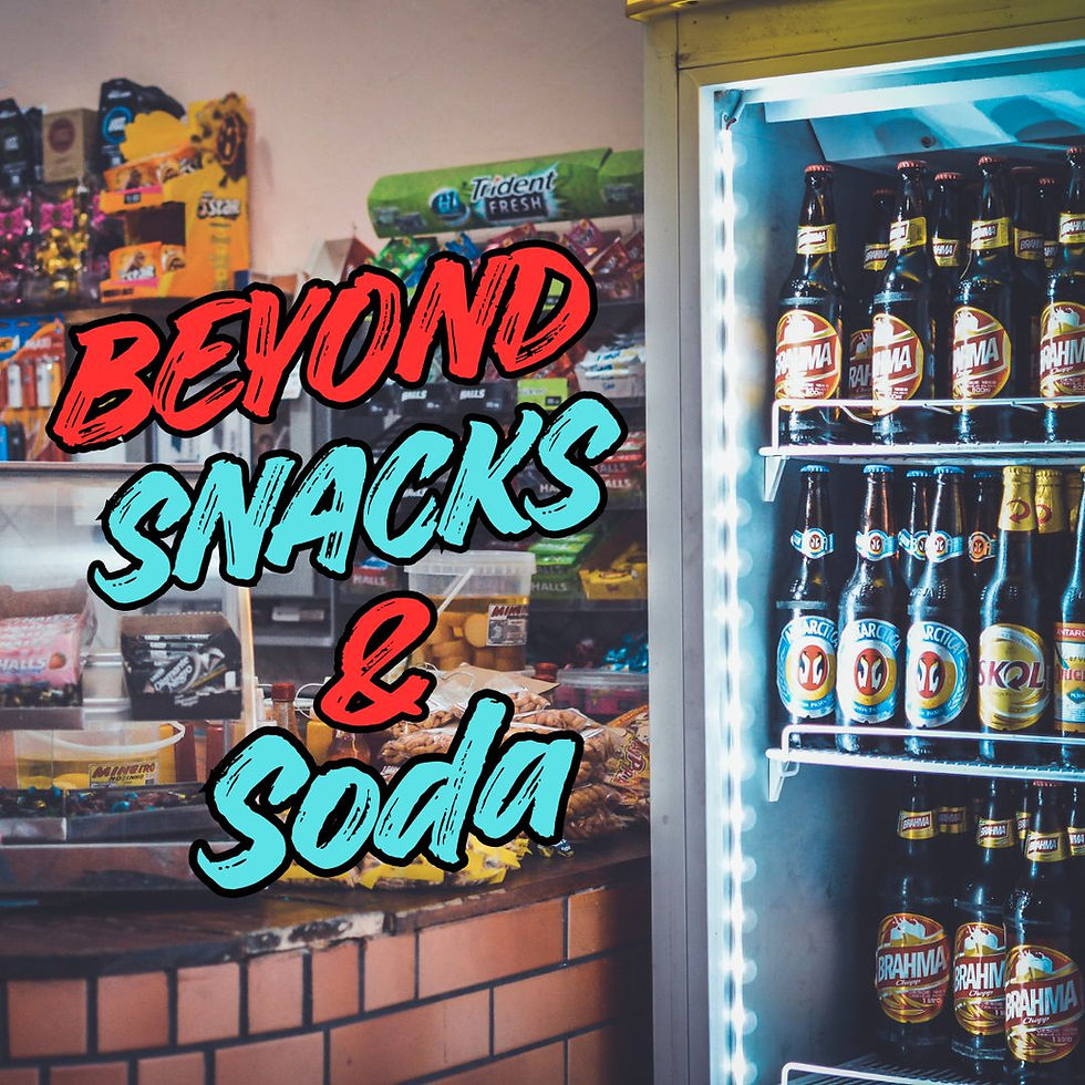 Snack counter with various chips, gum, and drinks. Bright neon text reads, "BEYOND SNACKS & Soda." Beverage fridge on the right.