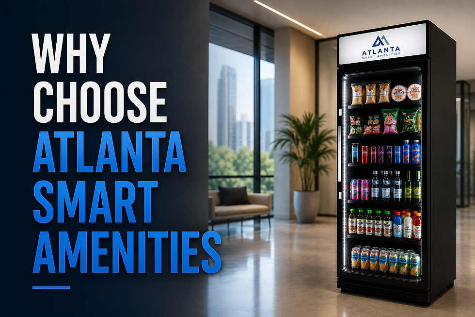 Lobby ad reads WHY CHOOSE ATLANTA SMART AMENITIES beside a stocked snack fridge in a modern office with city windows.