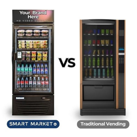 Smart Market AI vending machine with colorful snacks and drinks vs. brown traditional vending machine. "Your Brand Here" text visible.