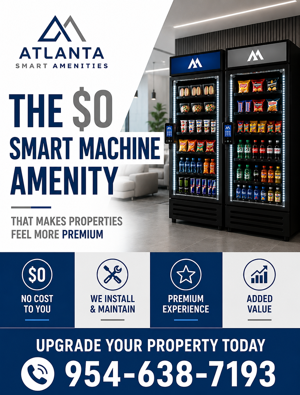 Atlanta Smart Amenities ad with two snack and drink vending machines in a modern lobby, promoting THE $0 SMART MACHINE AMENITY.