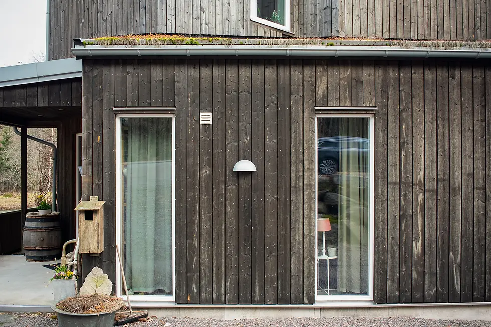 Mörkt träklätt hus med två höga fönster, grönt tak med växter och en veranda med tunna och blomkrukor.