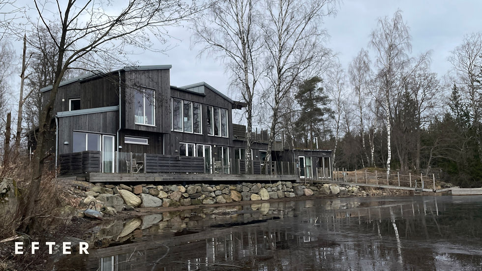 Mörkt trähus vid vatten, omgivet av kala träd under grå himmel. Texten EFTER syns nere till vänster.