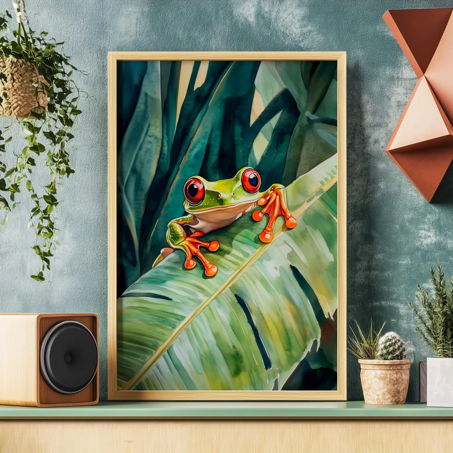 red eyed green tree frog on green leaf photo wall art
