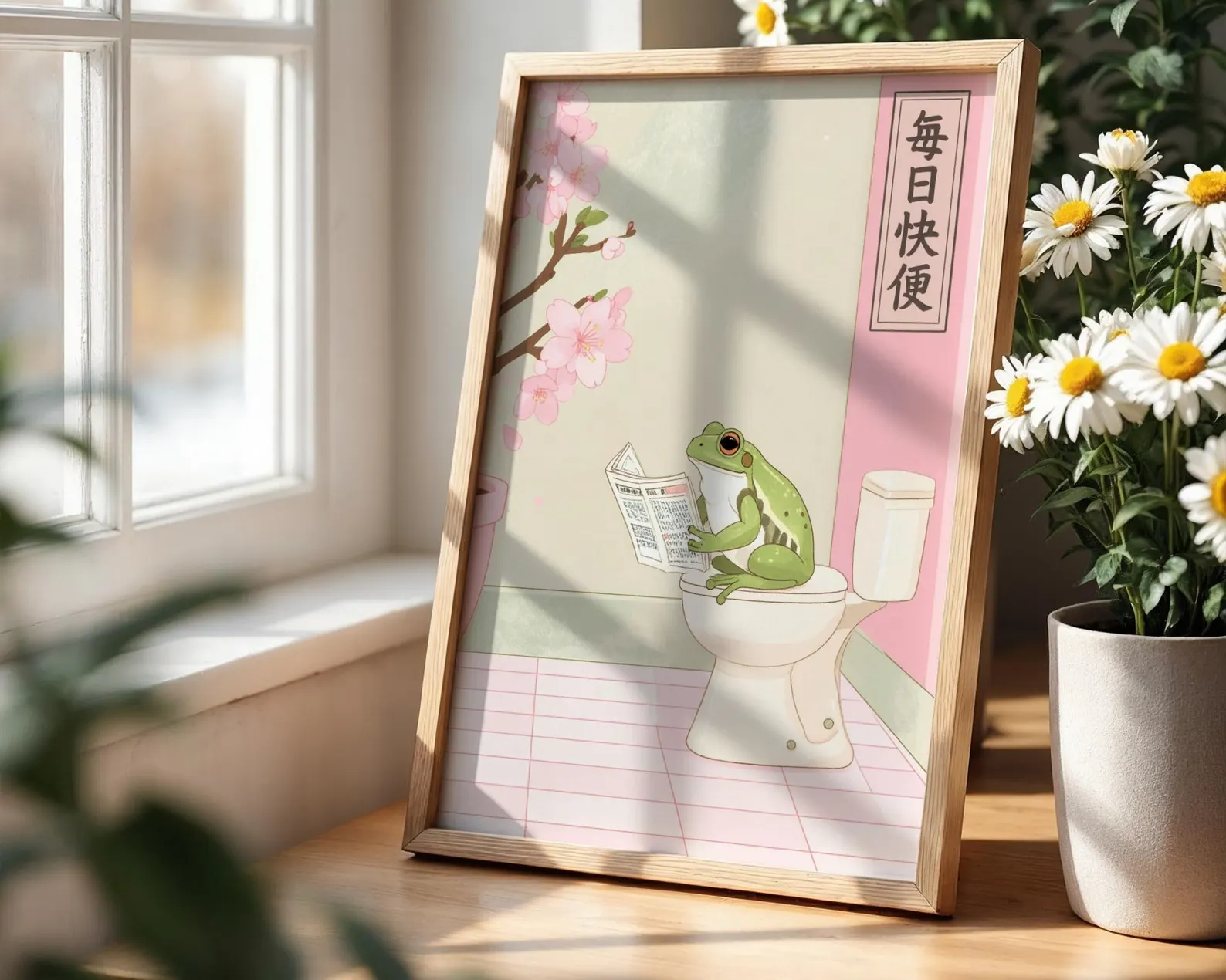 Green Frog on toilet in japanese inspired bathroom photo wall art