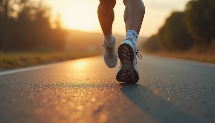 Eye-level view of a runner’s feet hitting the pavement with a steady rhythm