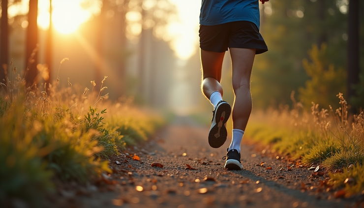 High angle view of a runner adjusting stride on a trail path