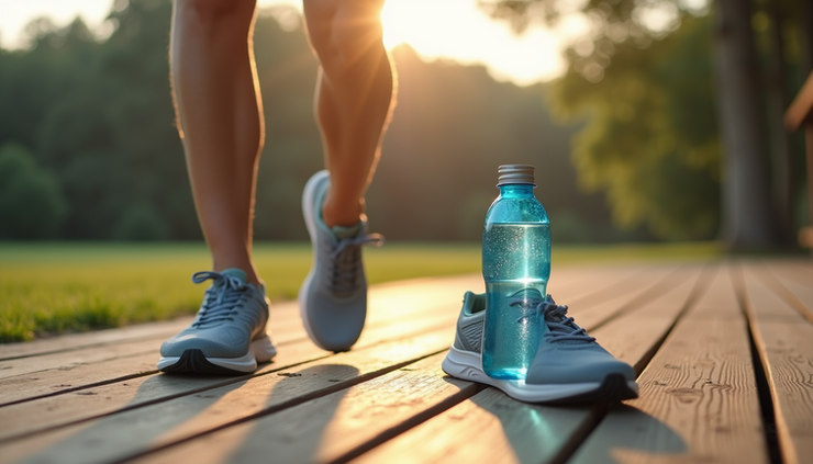 Close-up of a water bottle and running shoes on a wooden deck after a workout