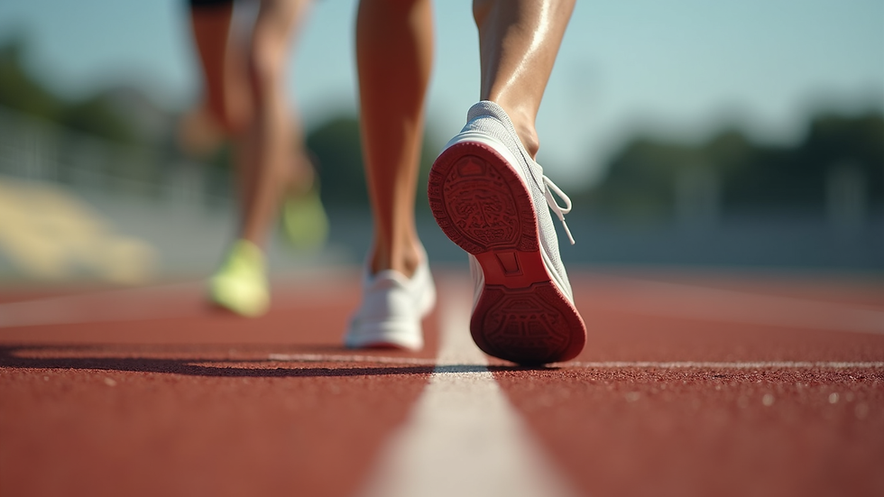 Close-up view of running shoes on a track during warm-up