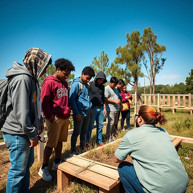 a wide view of the whole class of (teens) different cultures (no white people) doing outd