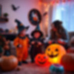 kids in home in Halloween costume and parent helping in setting up decor and Halloween In