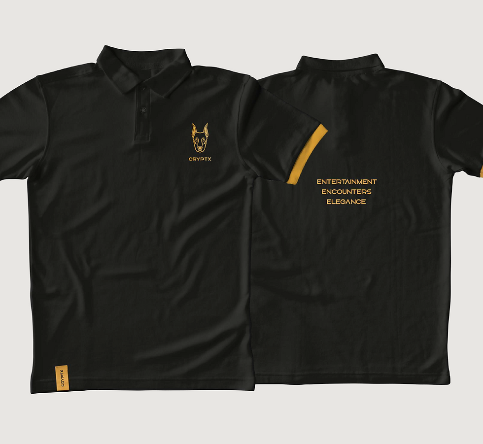 Black CryptX branded t-shirts with gold detail