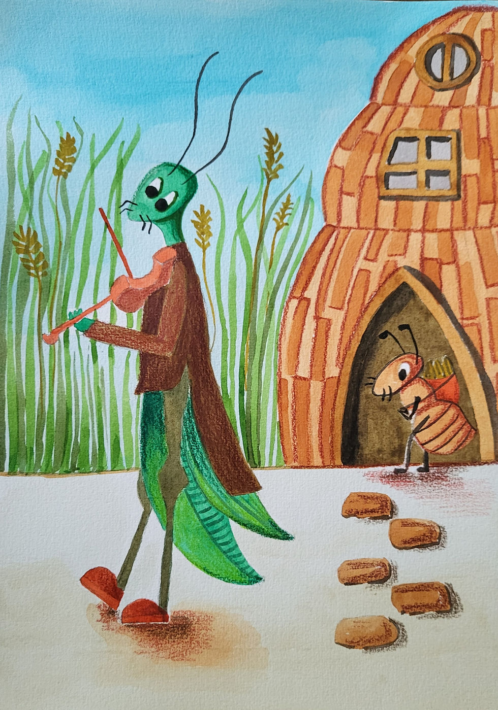 The ant and the grasshopper (Watercolour on paper)