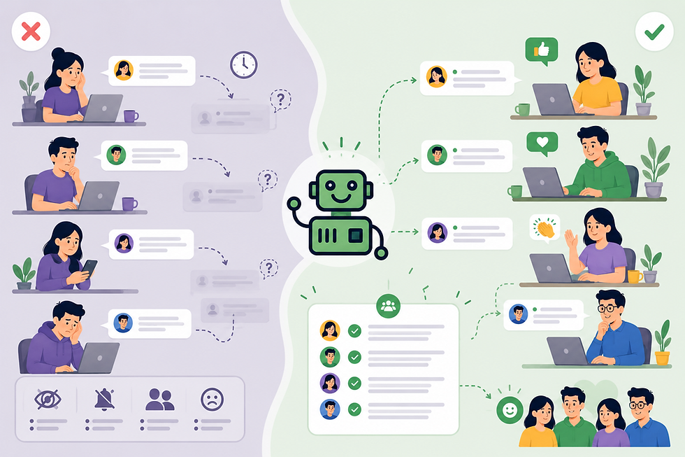 Side by side comparison showing ignored standup updates causing frustration on the left, and a standup bot delivering acknowledged, visible updates that build team morale on the right
