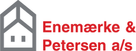 This image is the logo for Enemaerke and Petersen a/s. The left hand side is a grey outline of a house and the right hand side is Enemaerke & Petersen a/s in red text.