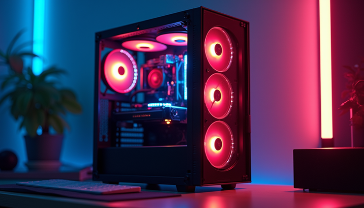 Eye-level view of a computer setup showing a custom-built PC with colorful LED lighting