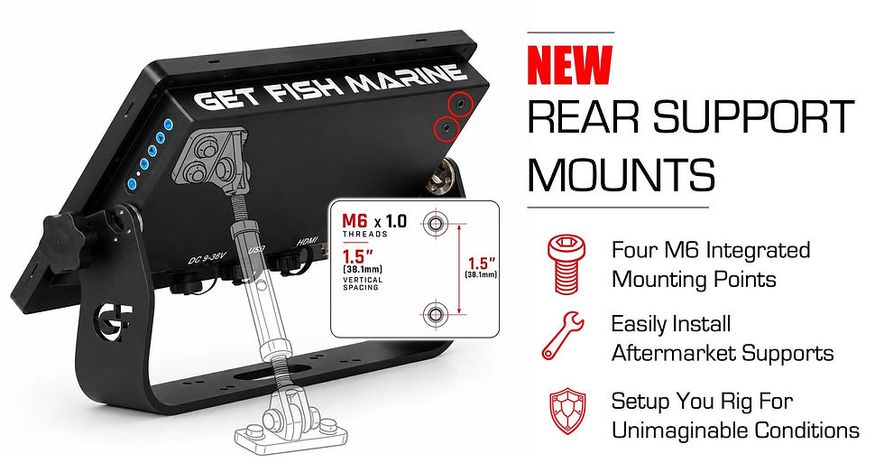 Get Fish Marine display with four integrated M6 rear mounting points and an illustrated turnbuckle support