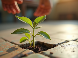 Small green seedlings sprout through a crack in sunlit paving tiles, with blurred hands above and a hopeful, resilient feel
