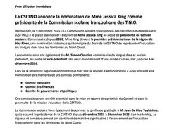 Communiqué de presse: La CSFTNO annonce la nomination de Mme Jessica King comme présidente de la Commission scolaire francophone des T.N.O.
