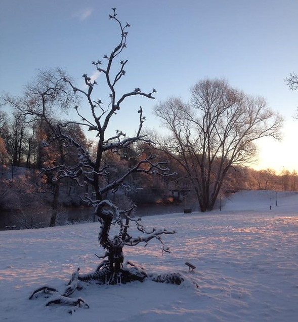 A serene dawn view of Olav Lunde’s industrial tree sculpture covered in a light dusting of snow. The dark, rusted metal contrasts with the glowing white field, while the low sun casts a soft pink hue over the wintry Swedish landscape.